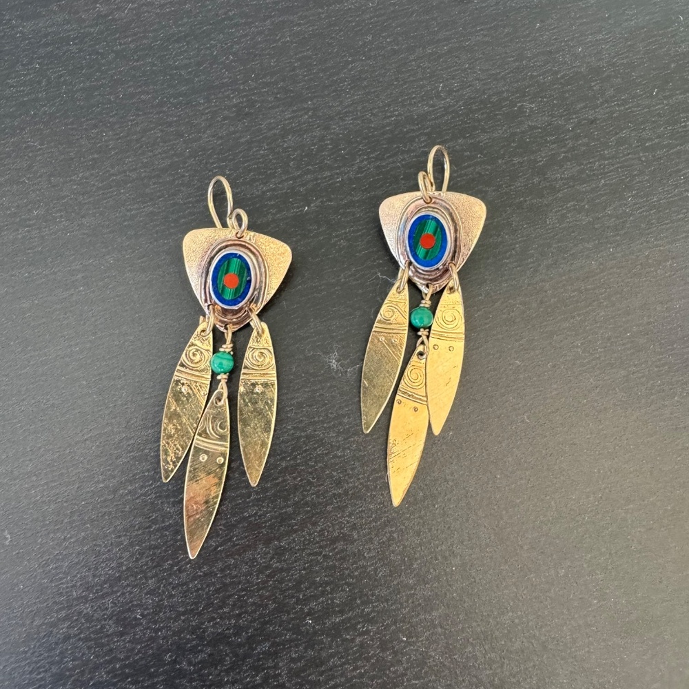 Tabra Tunoa Vintage Earrings - Malachite,  Lapis Lazuli, Coral, and Gold Leaf